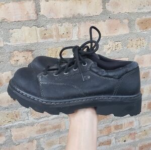 Skechers Parties Mate Black Leather Vtg Y2k Oxford Chunky Lug Sole Shoe Size 8
